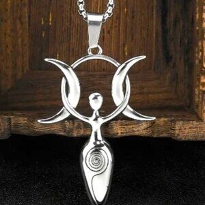 Mystic Goddess Pendant Necklace - Doubl Crescent Moon Sun Design, Titanium Steel